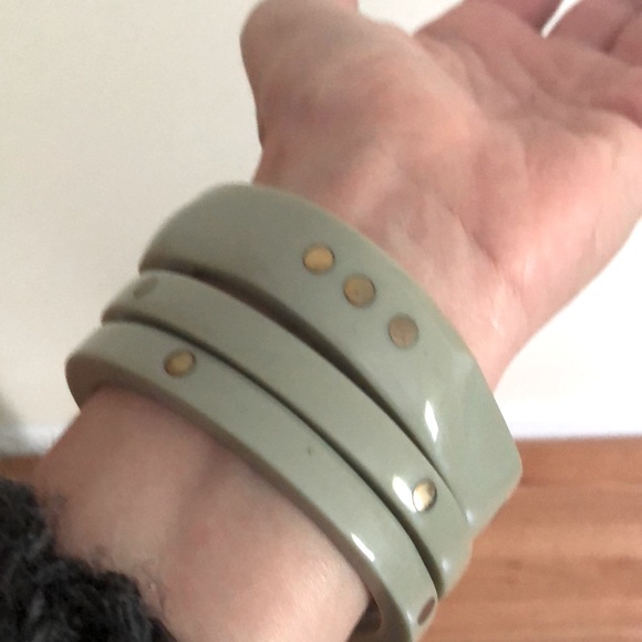 Trio of Anthropologie Pale Green Stacking Bracelets with Gold dots - Picture 6 of 8